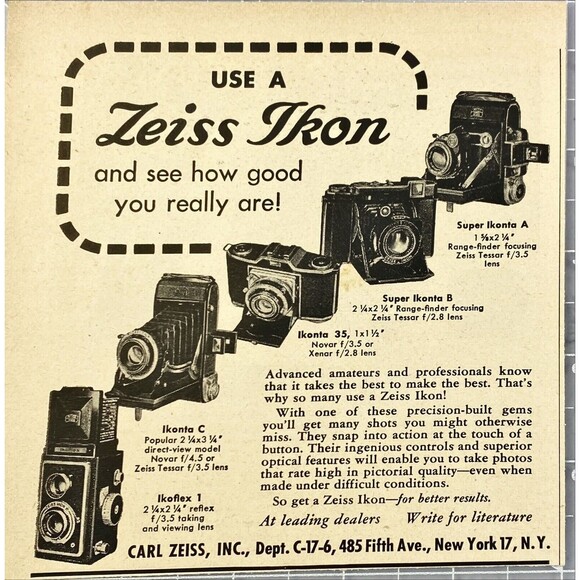 Carl Zeiss "Use a Zeiss Ikon and see how good you really are" Vtg Print Ad 1949 - Picture 1 of 3